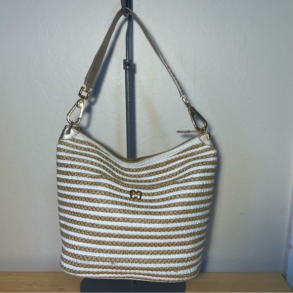 Eric Javits Straw Tan White Stripe Dame Bucket Bag - Picture 1 of 16
